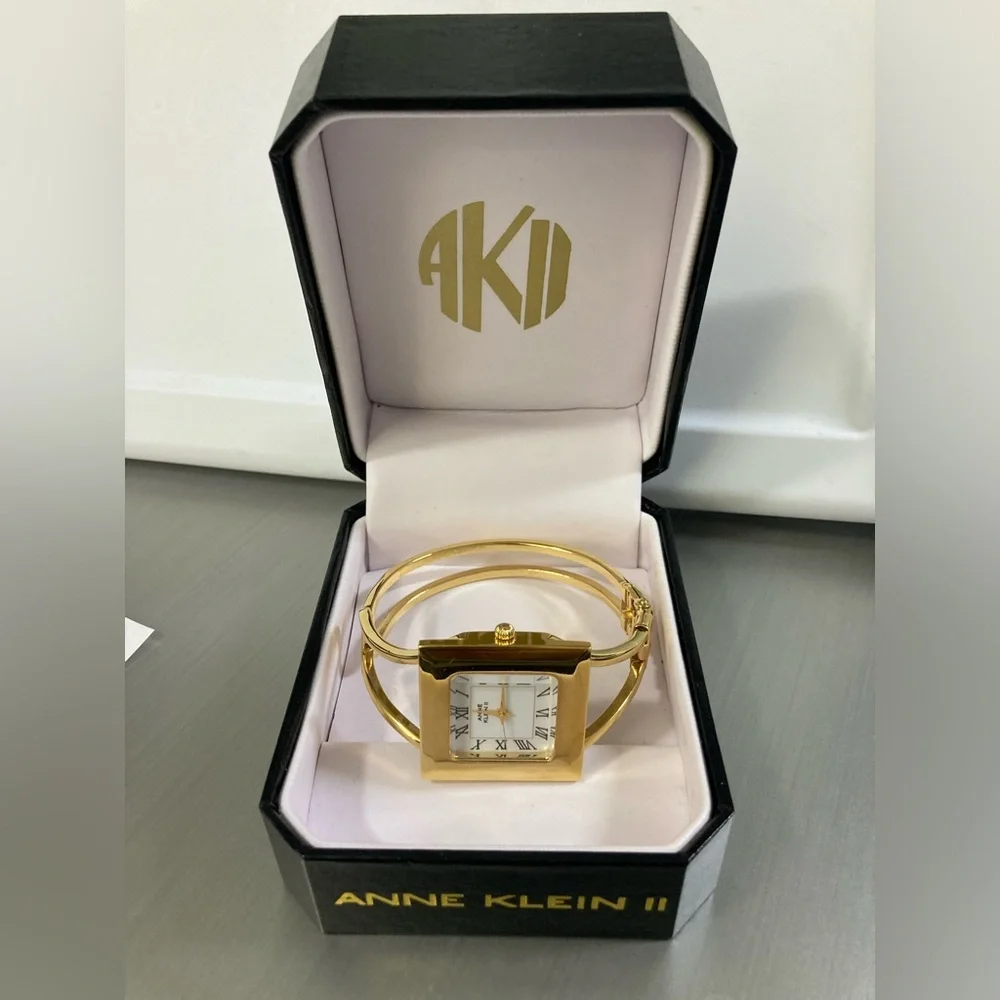 Anne Klein II quartz gold tone watch, square case, new battery, with box